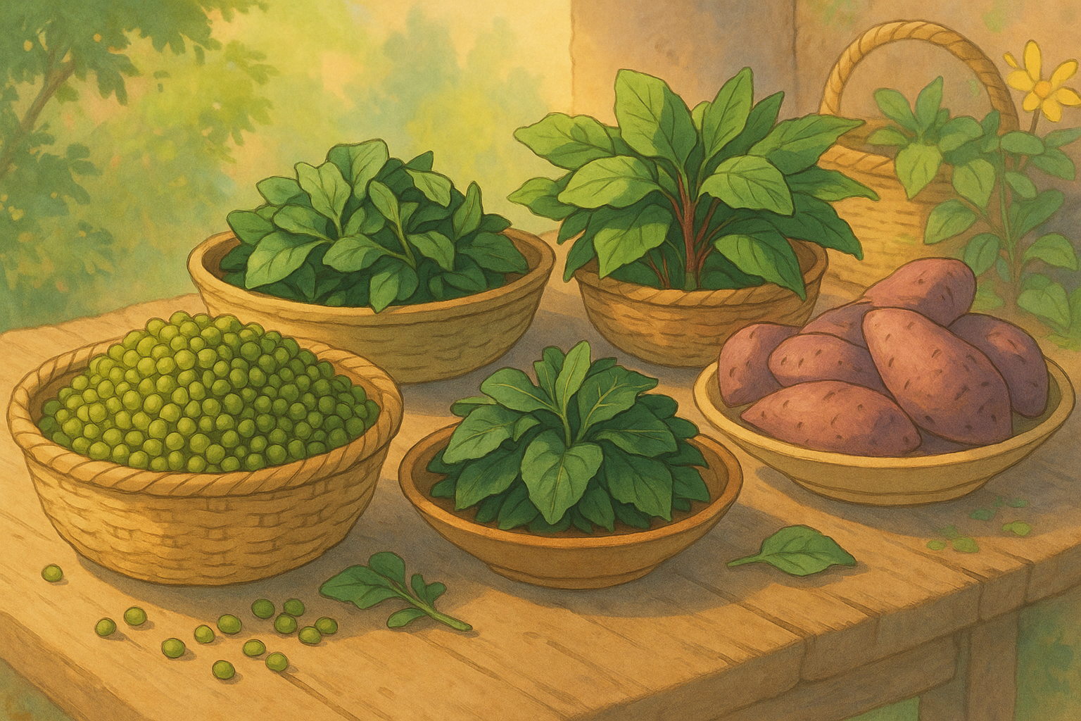 Fresh vegetables displayed in woven baskets, including green peas, leafy greens, and sweet potatoes, on a rustic wooden table with a soft, natural background.