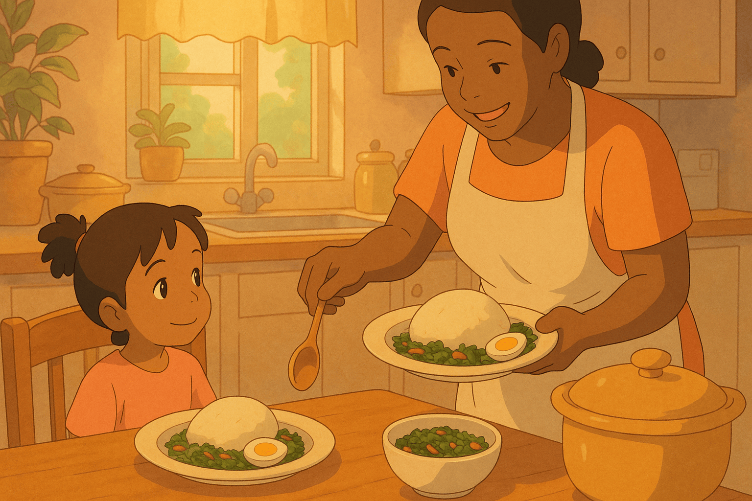 A mother serving home-cooked rice and vegetables to her daughter in a cozy kitchen, showcasing a warm and loving family meal setting.