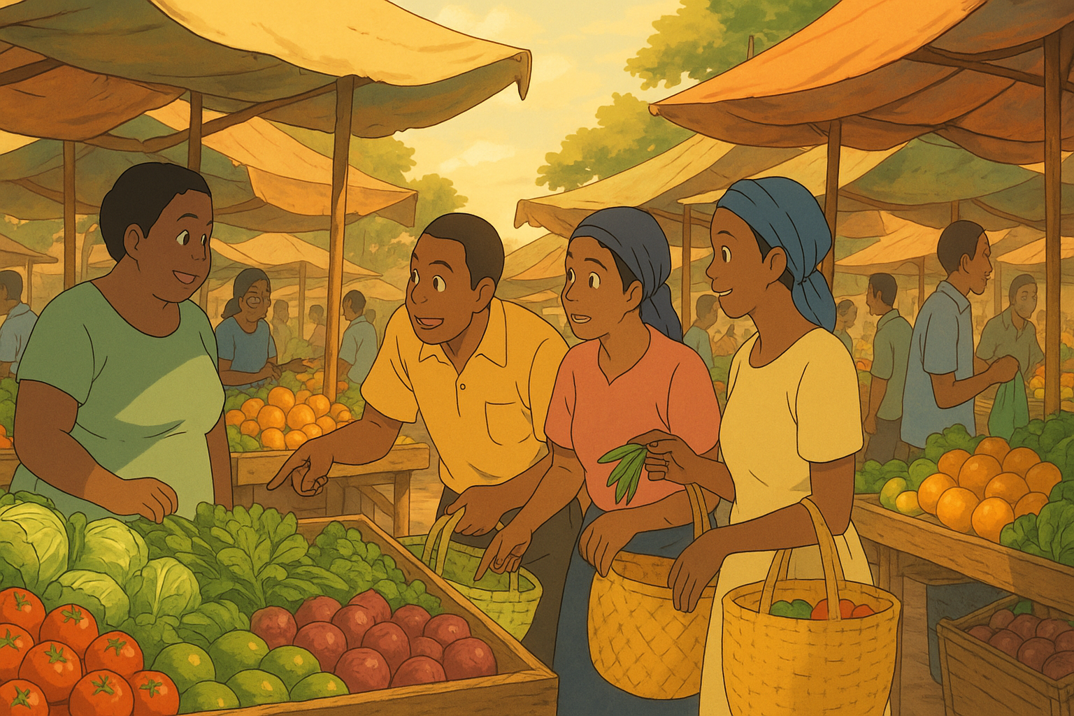 Animated scene of a vibrant market with diverse characters engaging in conversation while shopping for fresh produce, including a variety of fruits and vegetables in baskets.