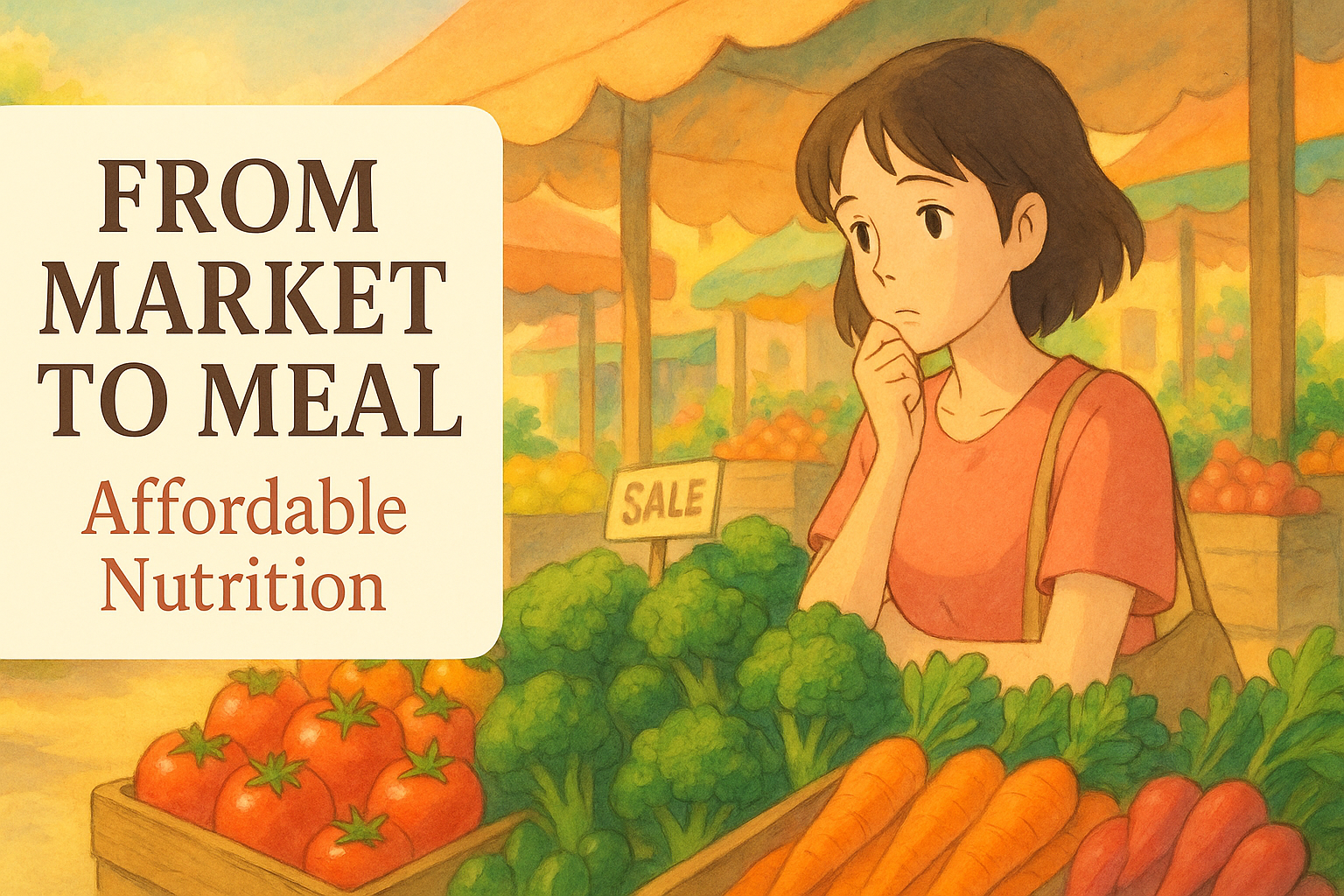 Illustration of a woman contemplating her purchase in a vibrant produce market, surrounded by fresh vegetables and fruits, with the text "From Market to Meal - Affordable Nutrition" prominently displayed.