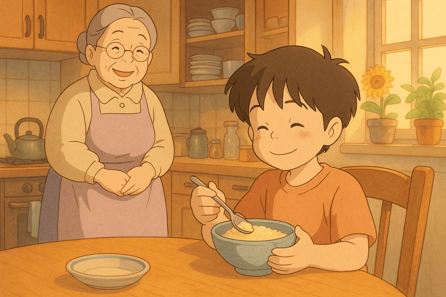 A cheerful young boy eating a bowl of porridge at a wooden table, with his smiling grandmother in the background, inside a cozy kitchen filled with plants and kitchenware.