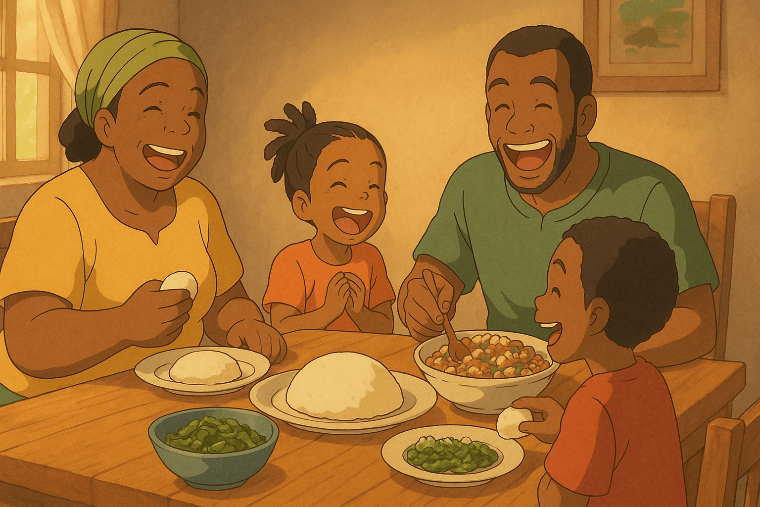 A joyful family of four sharing a meal at a wooden table, featuring rice, vegetables, and a smiling atmosphere, showcasing love and happiness during mealtime.