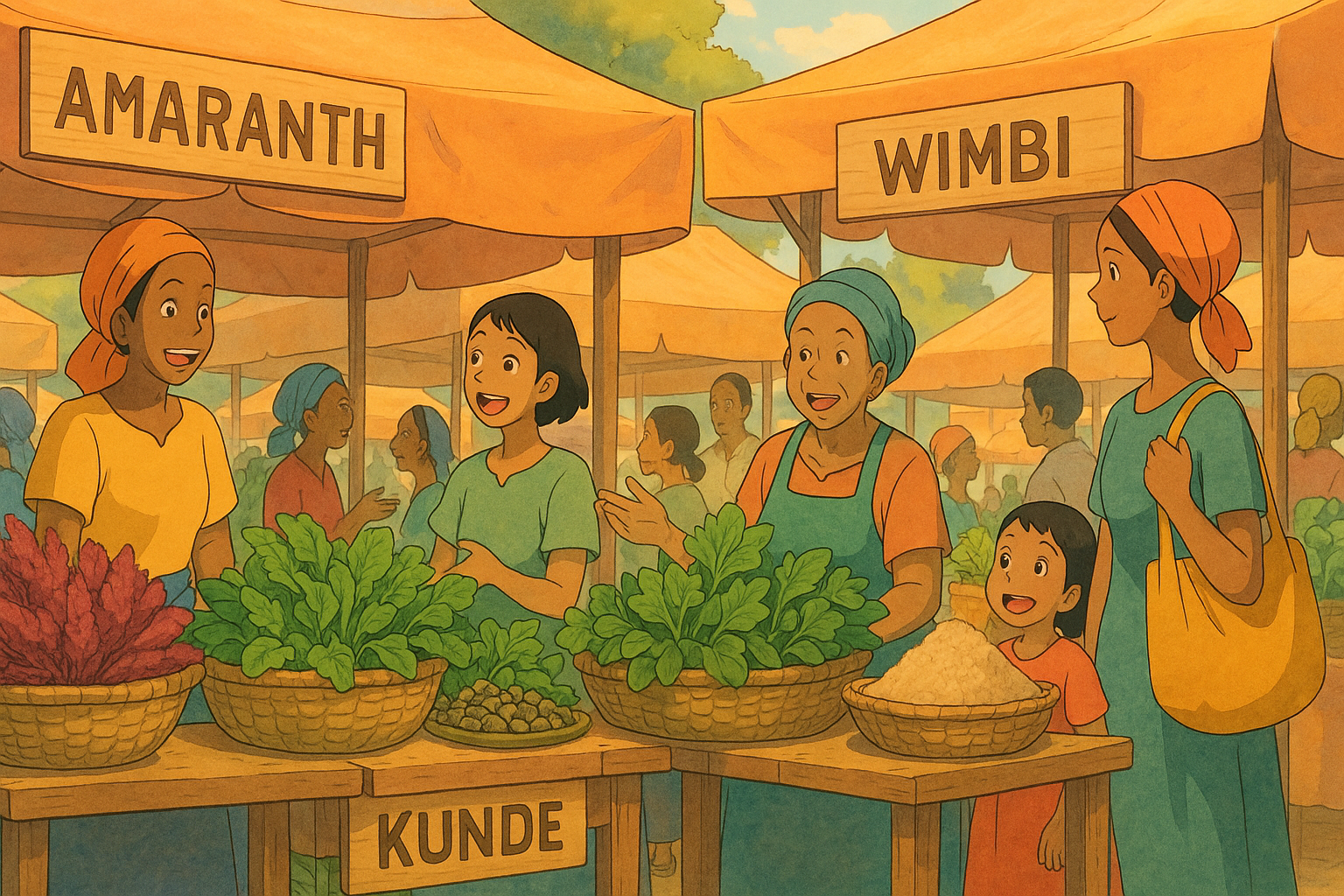 A vibrant market scene featuring four women and a child engaging happily while shopping for fresh produce, including amaranth and kunde, under colorful tents labeled "Amaranth" and "Wimbi."