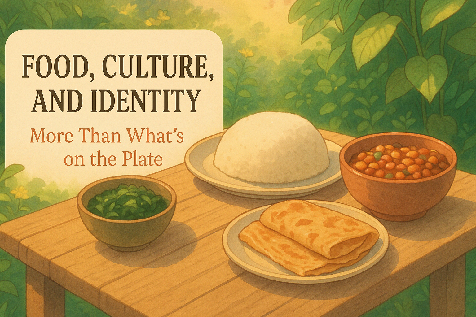 A vibrant illustration featuring a wooden table with dishes of rice, flatbread, green vegetables, and a colorful bean stew, accompanied by the text "Food, Culture, and Identity: More Than What's on the Plate."