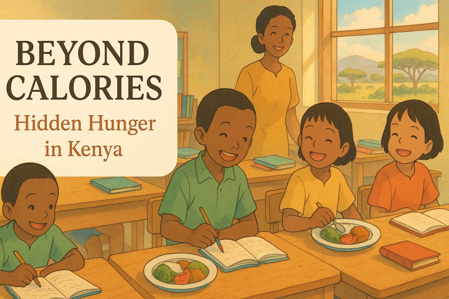 Illustration of children in a classroom in Kenya, smiling while eating a nutritious meal, with books and a teacher visible in the background; accompanied by the title "Beyond Calories: Hidden Hunger in Kenya."