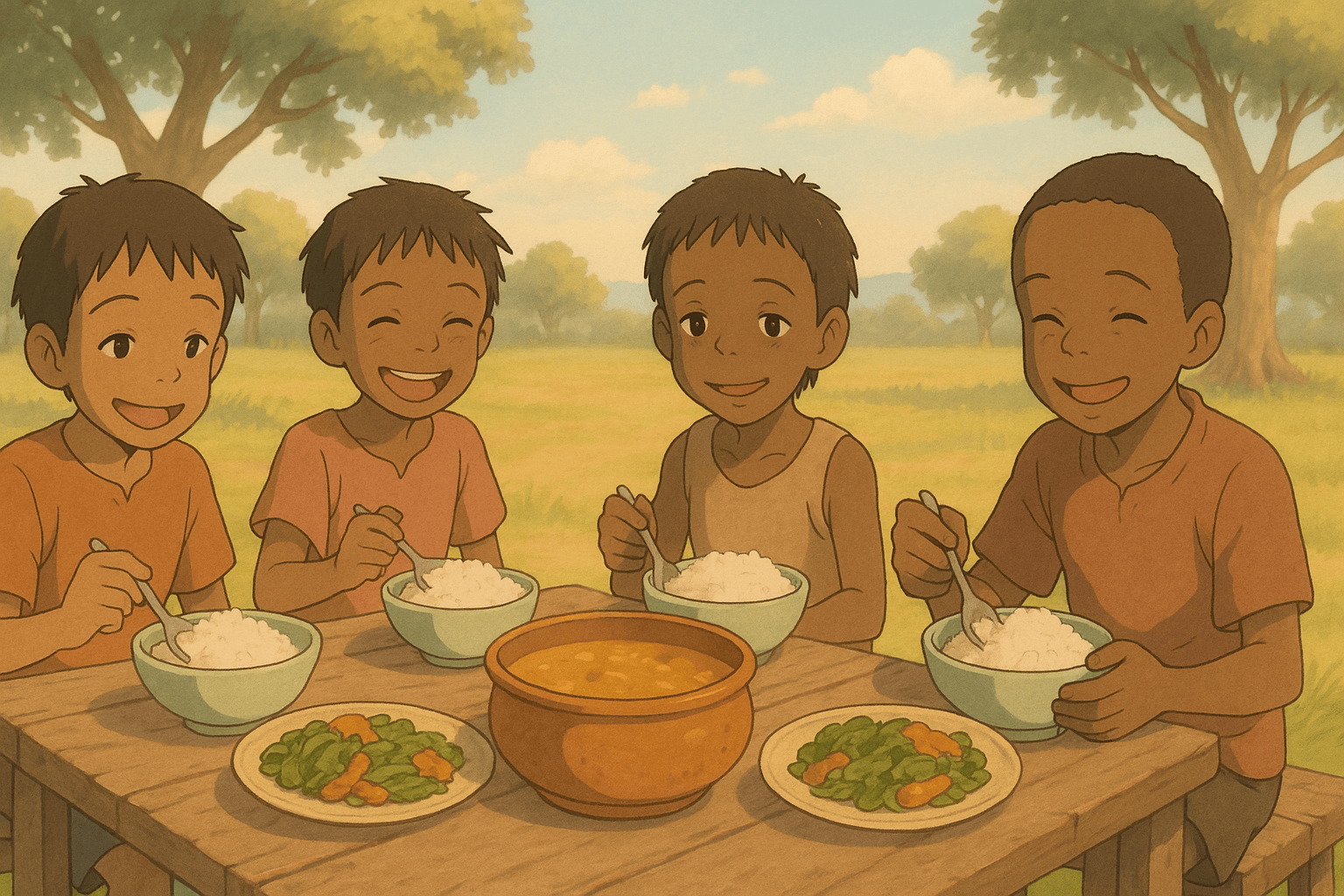 Four joyful boys enjoying a meal of rice, vegetables, and a savory dish outdoors, surrounded by trees in a serene setting.