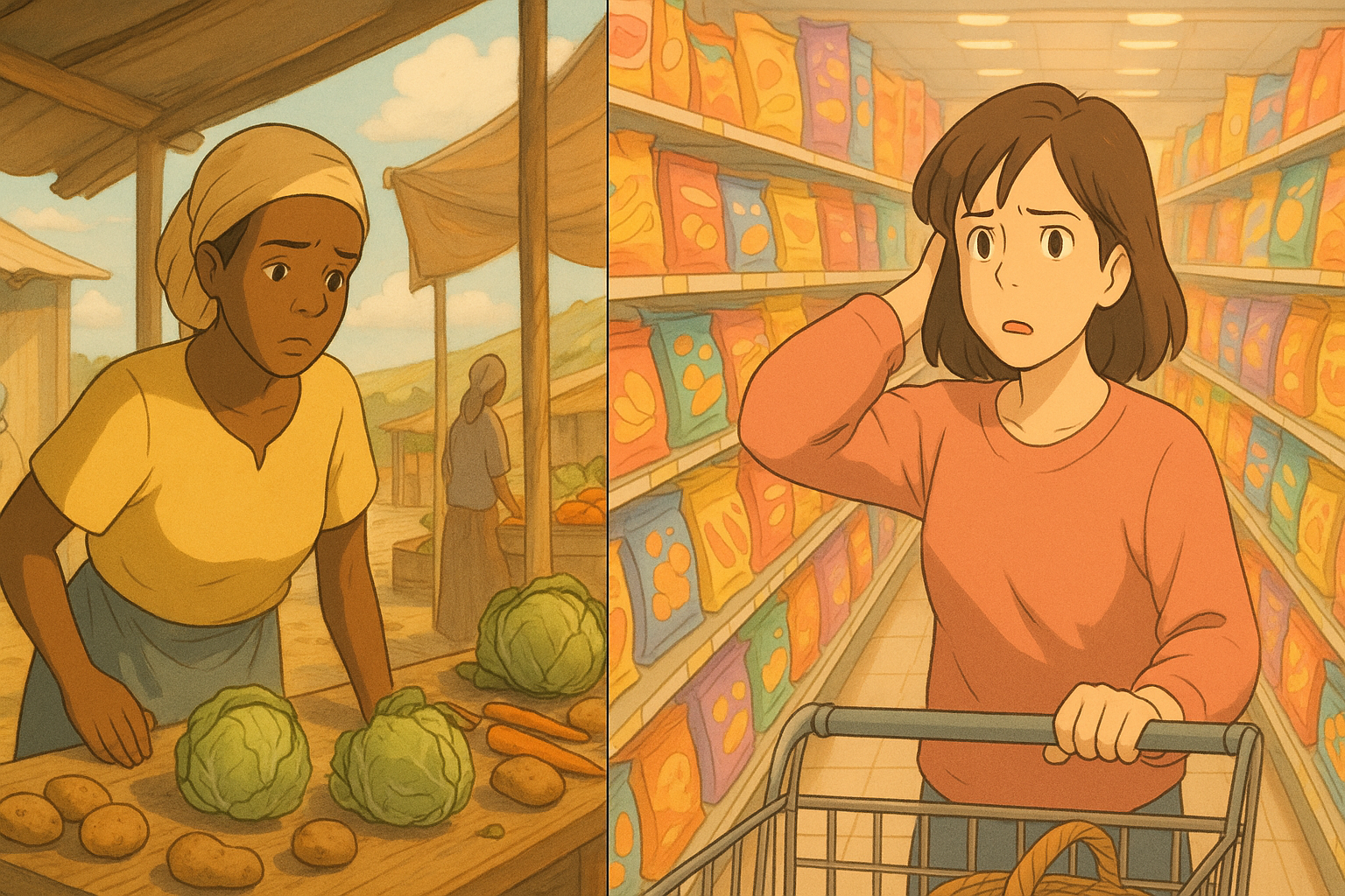 A split illustration showing two scenes: on the left, a woman in a yellow shirt frowns while examining fresh vegetables at a market, and on the right, a concerned woman in a pink sweater stands in a grocery store aisle, looking puzzled while holding her shopping cart.