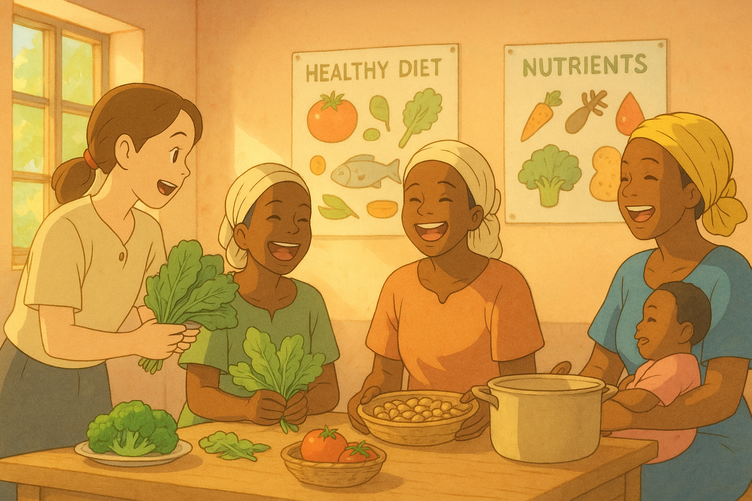 A group of women and a child joyfully engage in a nutrition discussion at a table filled with fresh vegetables, including broccoli and tomatoes, while educational posters about a healthy diet and nutrients are displayed in the background.