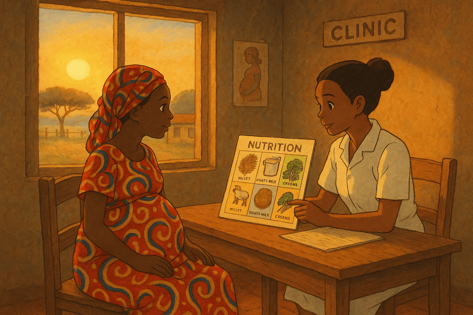 Pregnant woman consulting with healthcare worker about nutrition in a clinic setting, focusing on healthy food options.