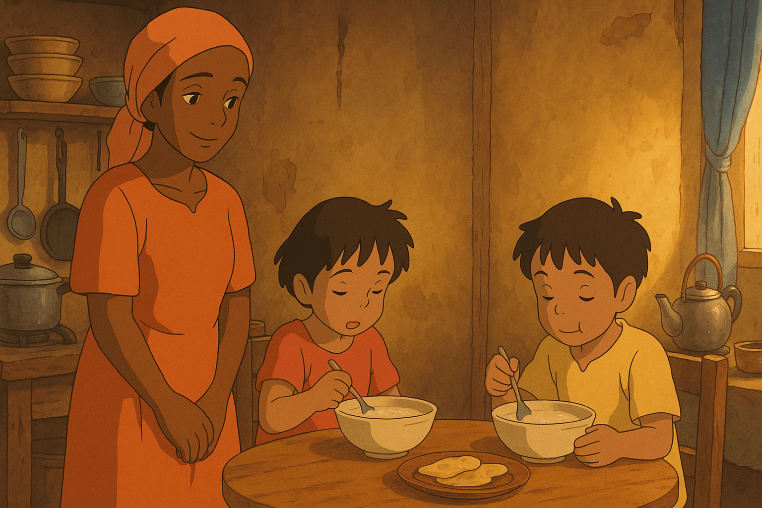 A warm, animated scene of an African mother watching her two young sons enjoy bowls of porridge and bread at a wooden table in a cozy kitchen setting.