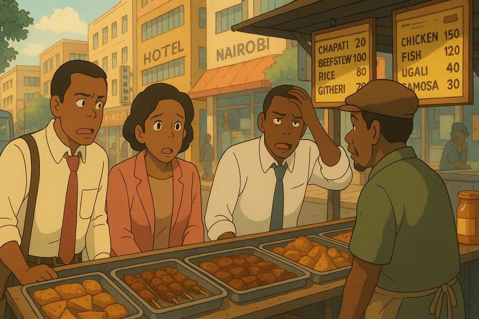 A scene depicting three characters, two men and a woman, in an animated Nairobi market, looking concerned while observing a street vendor selling various dishes, including chapati, beef stew, rice, and samosas, with a menu board displaying prices.