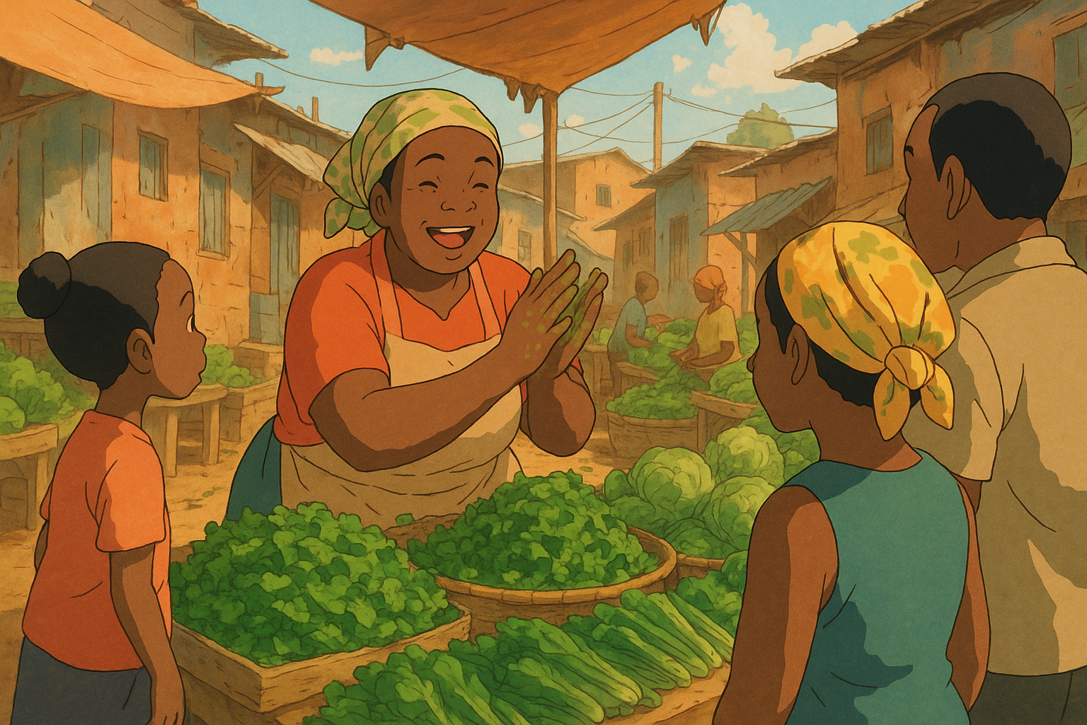 Animated scene of a vibrant market, featuring a smiling woman engaging with children, surrounded by fresh greens and vegetables in baskets. Bright colors and bustling atmosphere capture the essence of community interactions.