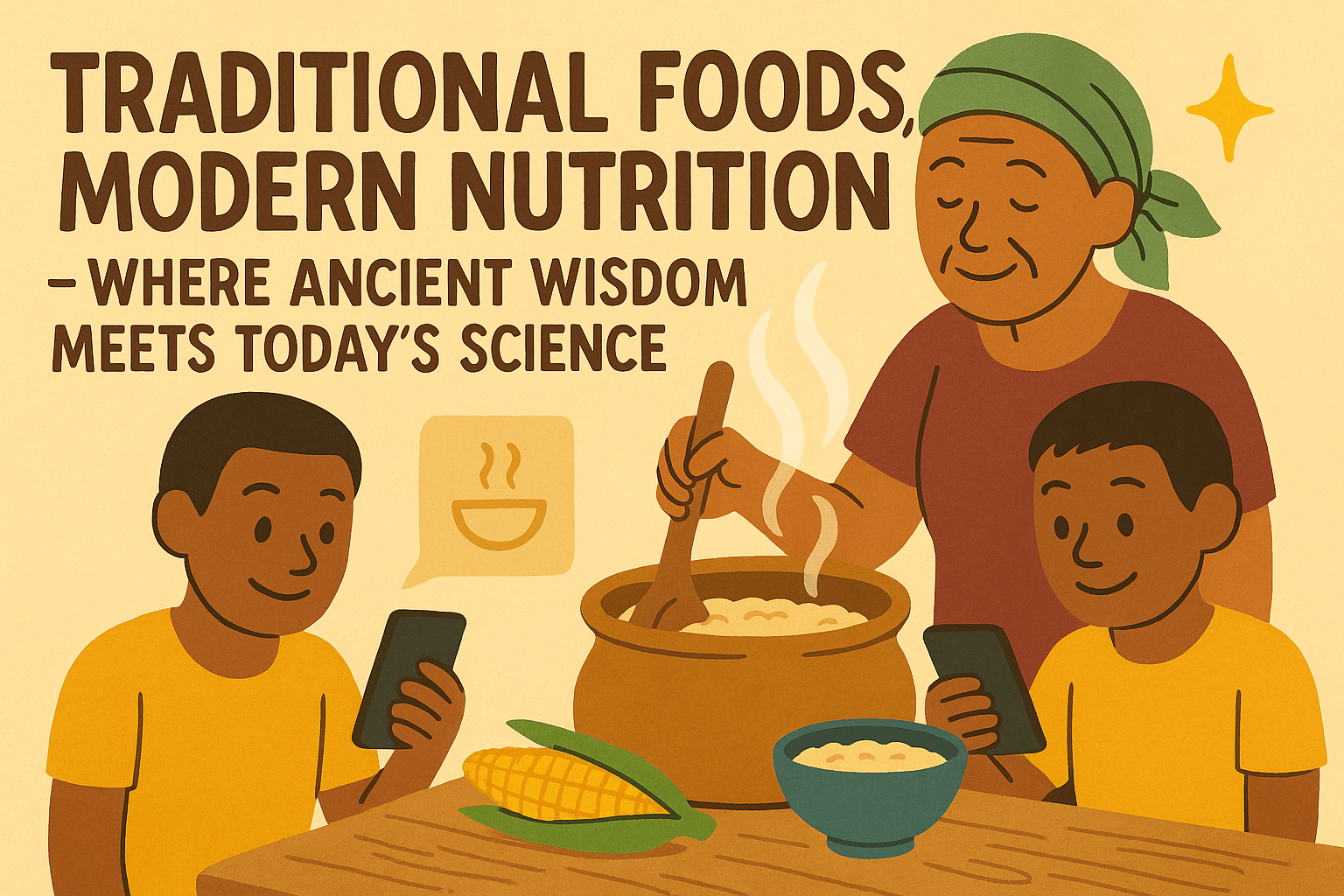 Illustration of a grandmother and two children engaged in cooking traditional foods, emphasizing the blend of ancient wisdom and modern nutrition.