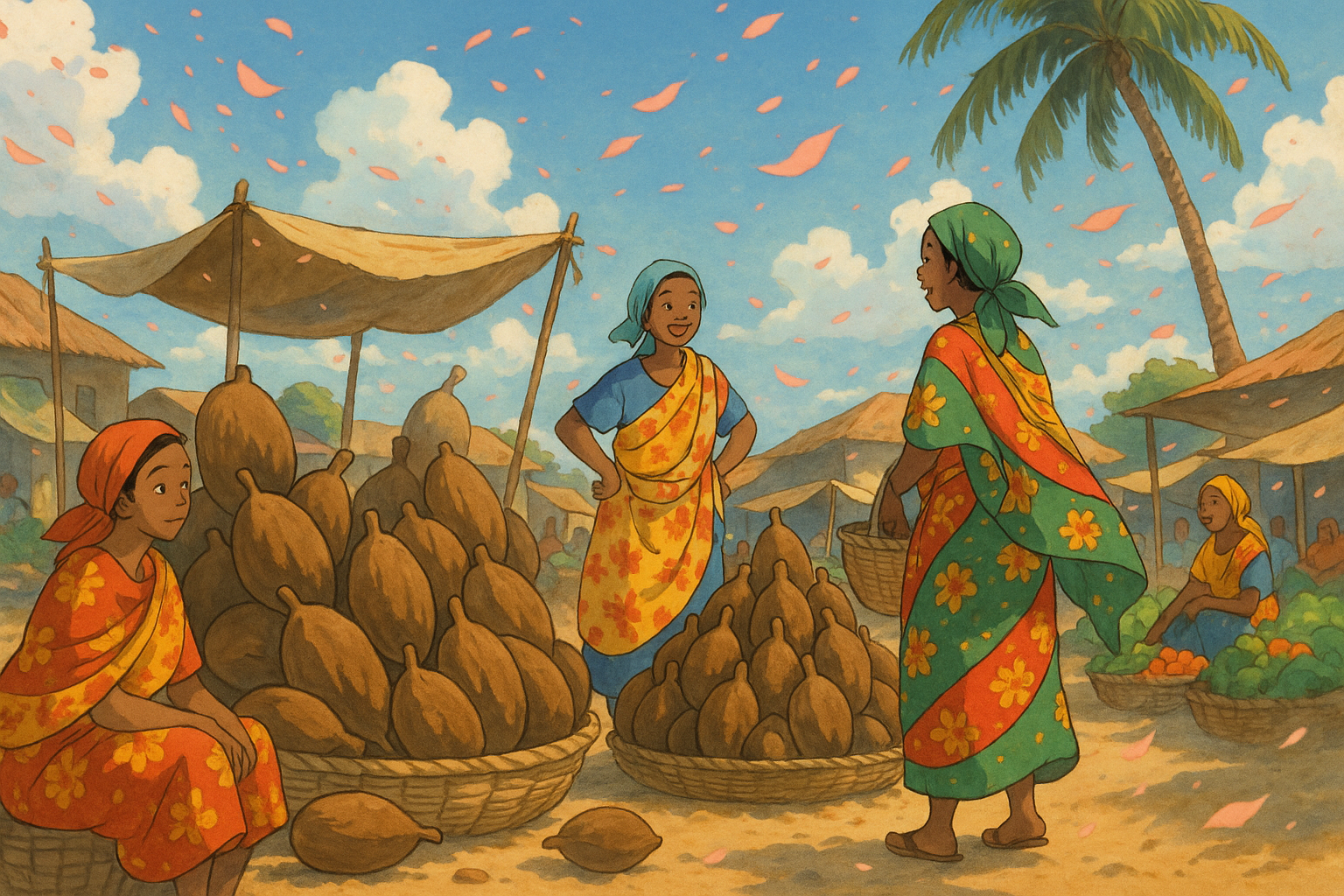 Vibrant market scene with women in colorful traditional attire engaging with each other amidst baskets of produce under a sunny sky.